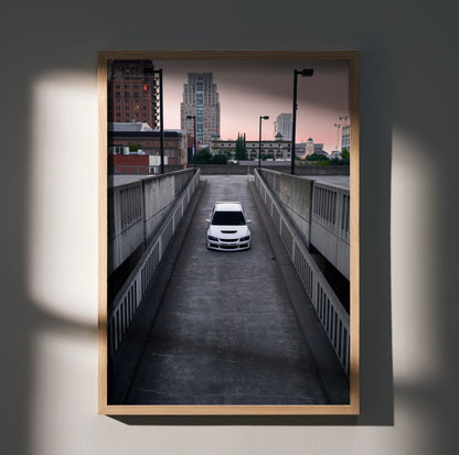Mitsubishi Evo 8 poster wall art featuring white car in urban tunnel at dusk.