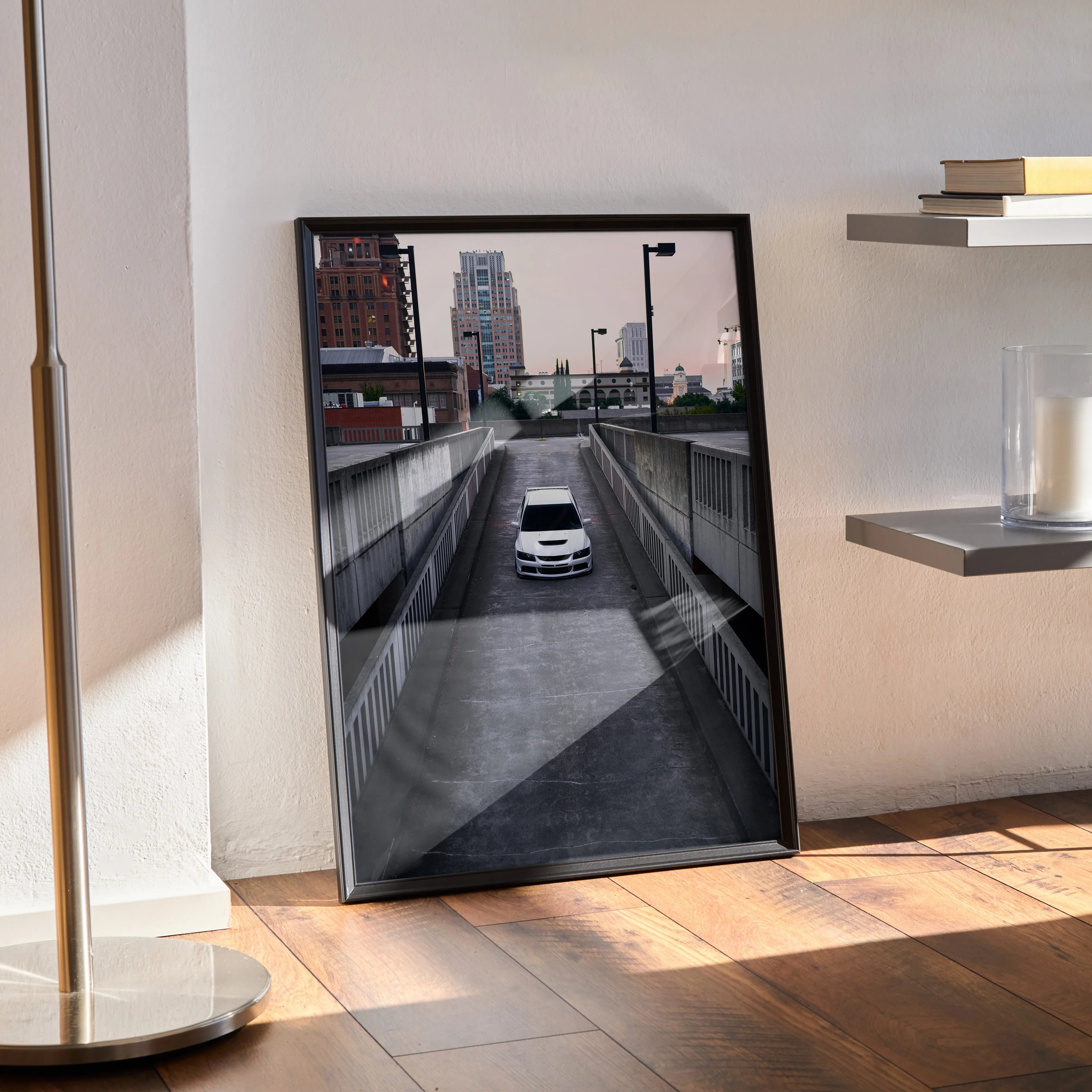 Mitsubishi Evo 8 driving through urban tunnel poster wall art in black frame.