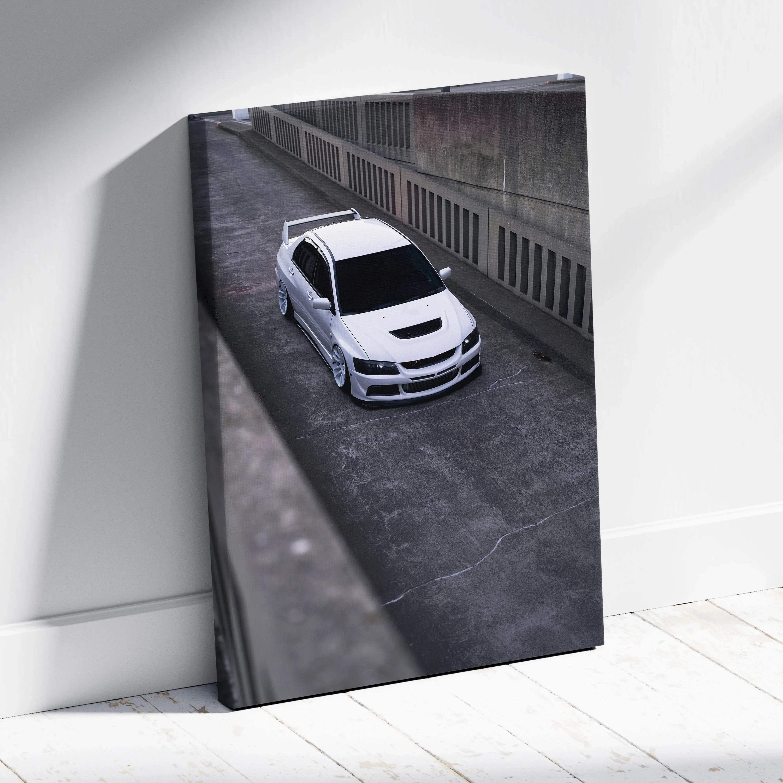 Mitsubishi Evo 8 white car driving on urban road canvas wall art print.