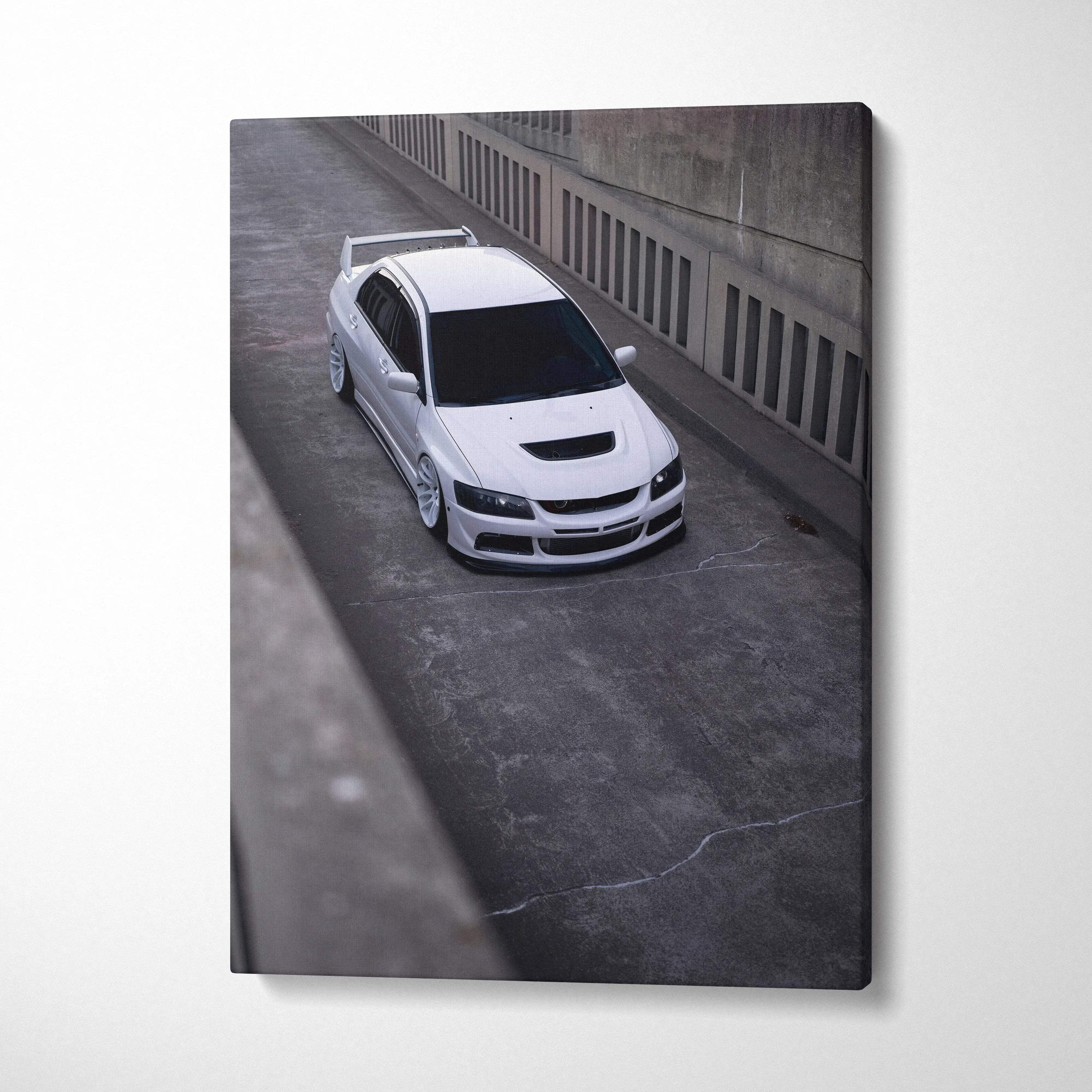 Vertical canvas art featuring a high-resolution white Mitsubishi Evo 8 car in an urban setting, museum-quality wall art.