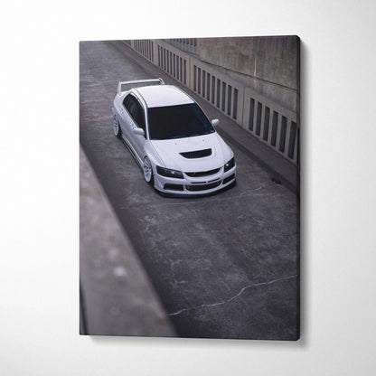 Vertical canvas art featuring a high-resolution white Mitsubishi Evo 8 car in an urban setting, museum-quality wall art.