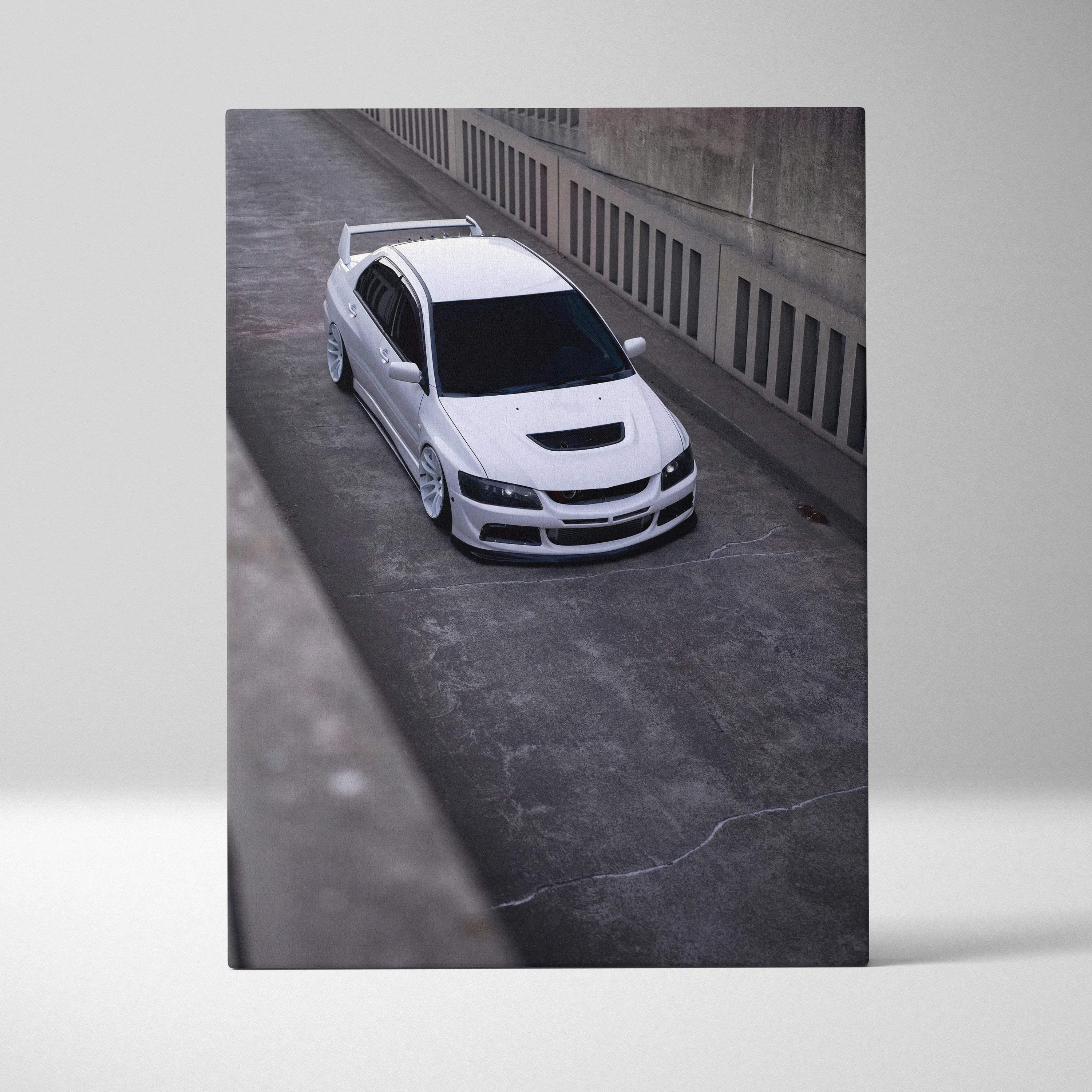 Vertical canvas wall art featuring a high-resolution Mitsubishi Evo 8 car in an urban setting.