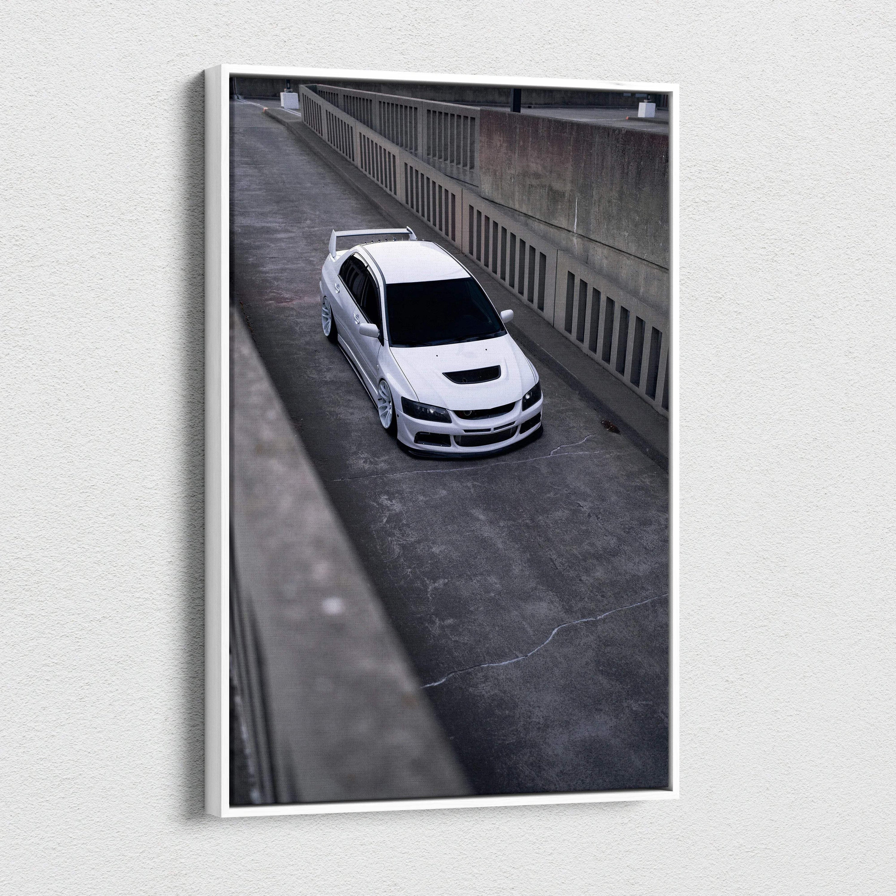 Vertical canvas art featuring a white Mitsubishi Evo 8 in a concrete urban setting, modern wall art.