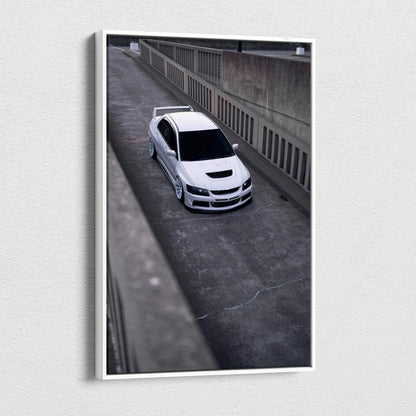 Vertical canvas art featuring a white Mitsubishi Evo 8 in a concrete urban setting, modern wall art.