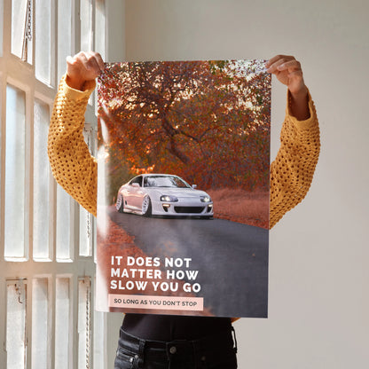 Toyota Supra Mk4 poster with motivational text and autumn forest background wall art.