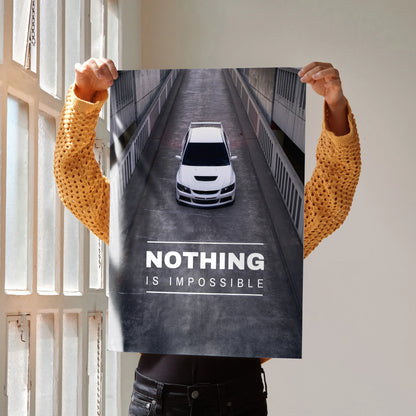 Motivational poster wall art featuring white Mitsubishi Evo 8 with "Nothing is impossible" text in bold white letters.