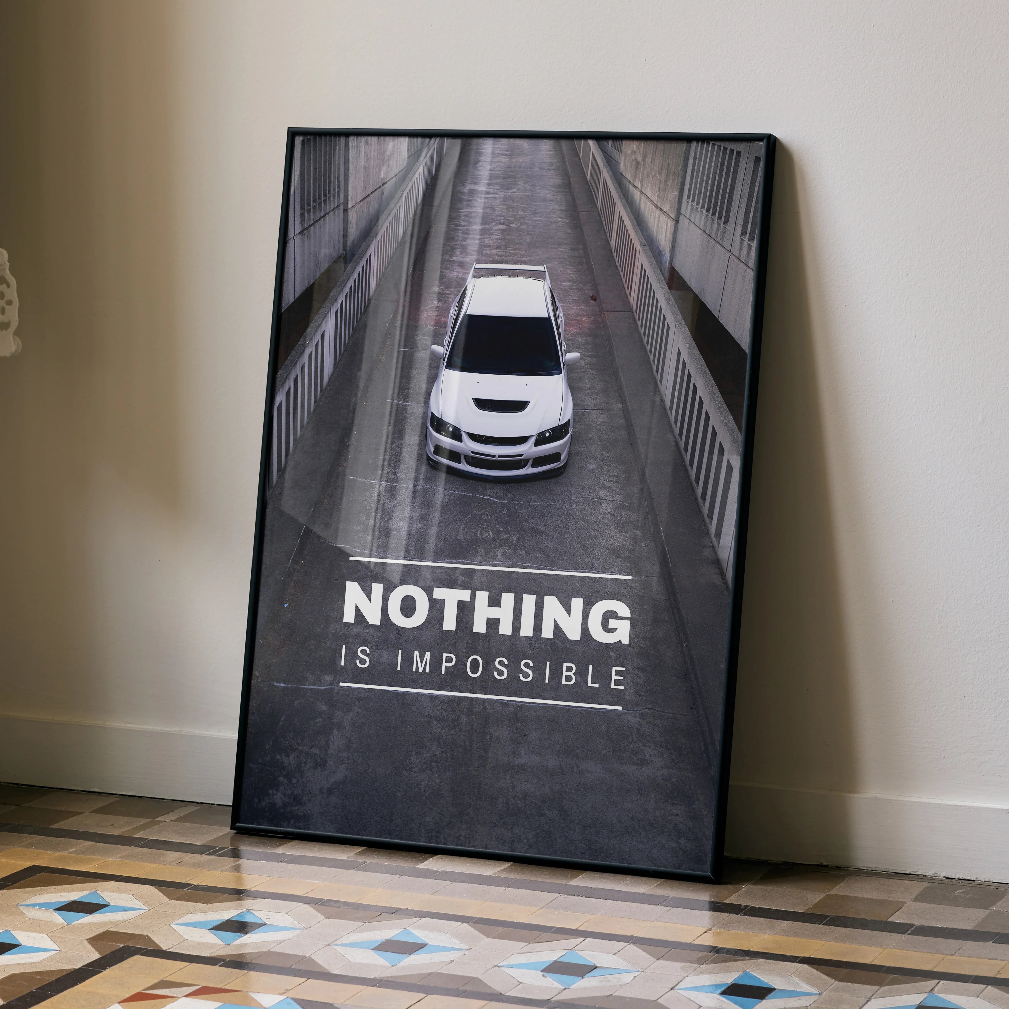 Motivational poster wall art featuring a white Mitsubishi Evo 8 with "Nothing is Impossible" text.