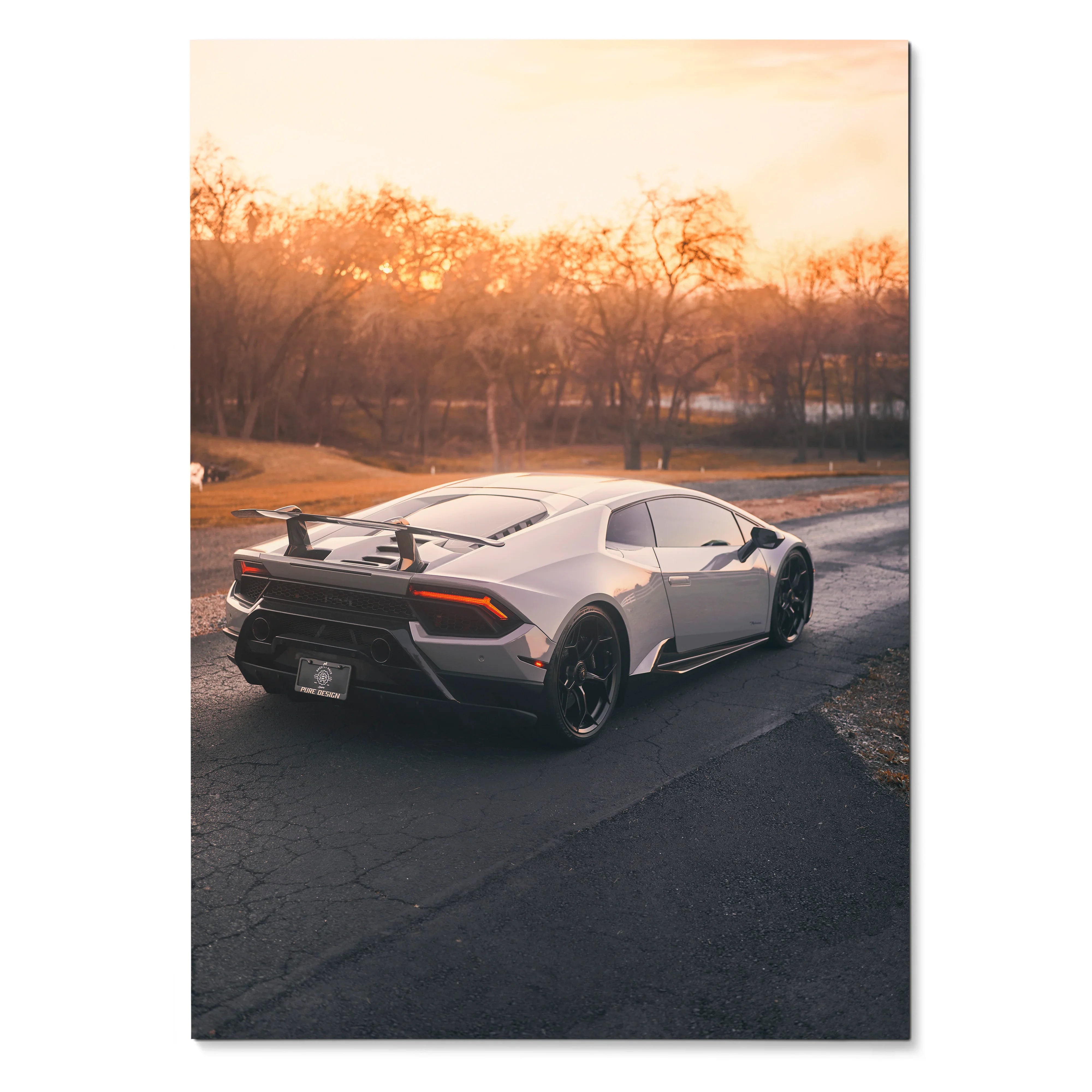 Lamborghini Huracan parked on road at sunset luxury automotive poster wall art.