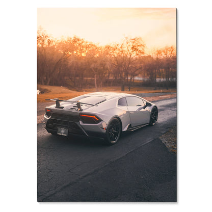 Lamborghini Huracan parked on road at sunset luxury automotive poster wall art.