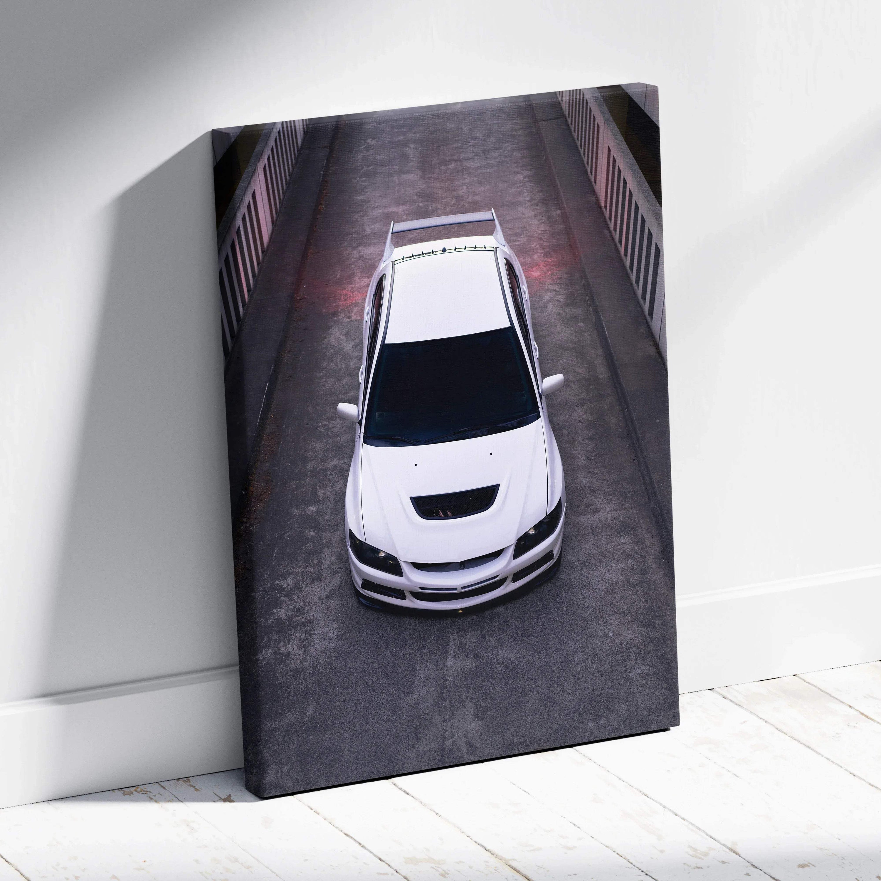 White Mitsubishi Evo 8 car vertical canvas art print with high detail wall art.