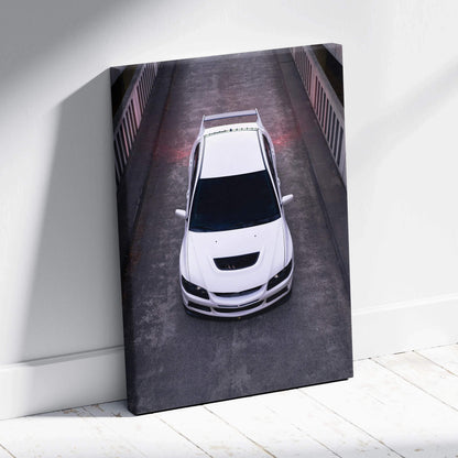 White Mitsubishi Evo 8 car vertical canvas art print with high detail wall art.