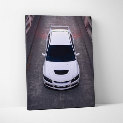 White Mitsubishi Evo 8 top view on dark road canvas art vertical wall art.