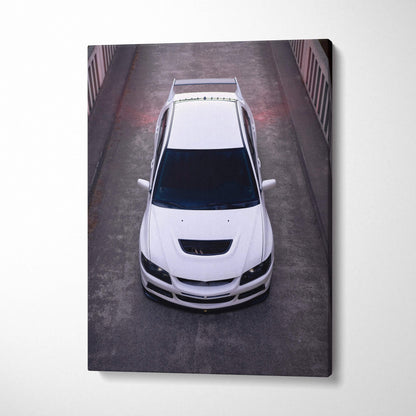 Mitsubishi Evo 8 high-resolution vertical canvas art showing a white car top view, wall art.