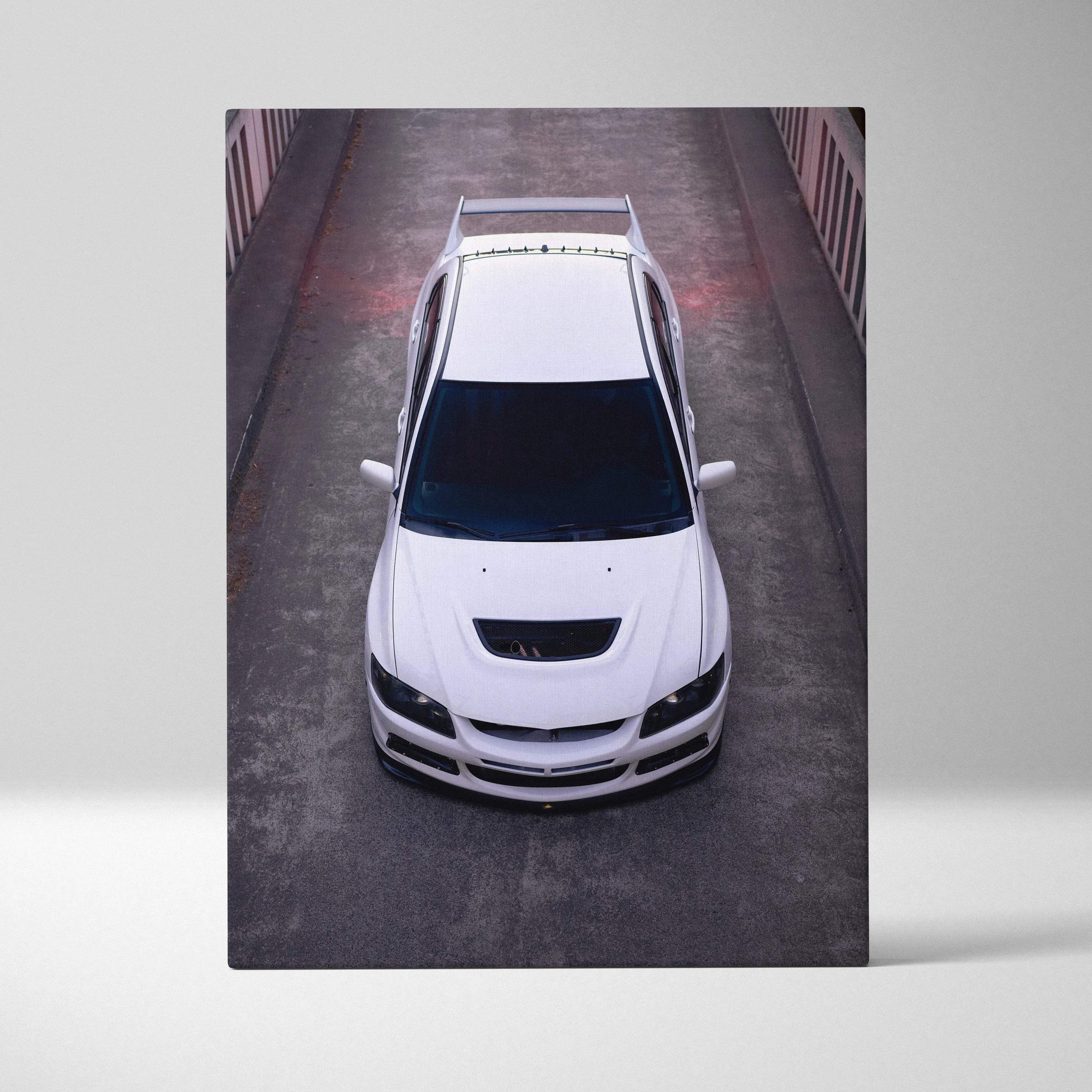 White Mitsubishi Evo 8 car top view on canvas wall art with vertical layout and museum quality finish.