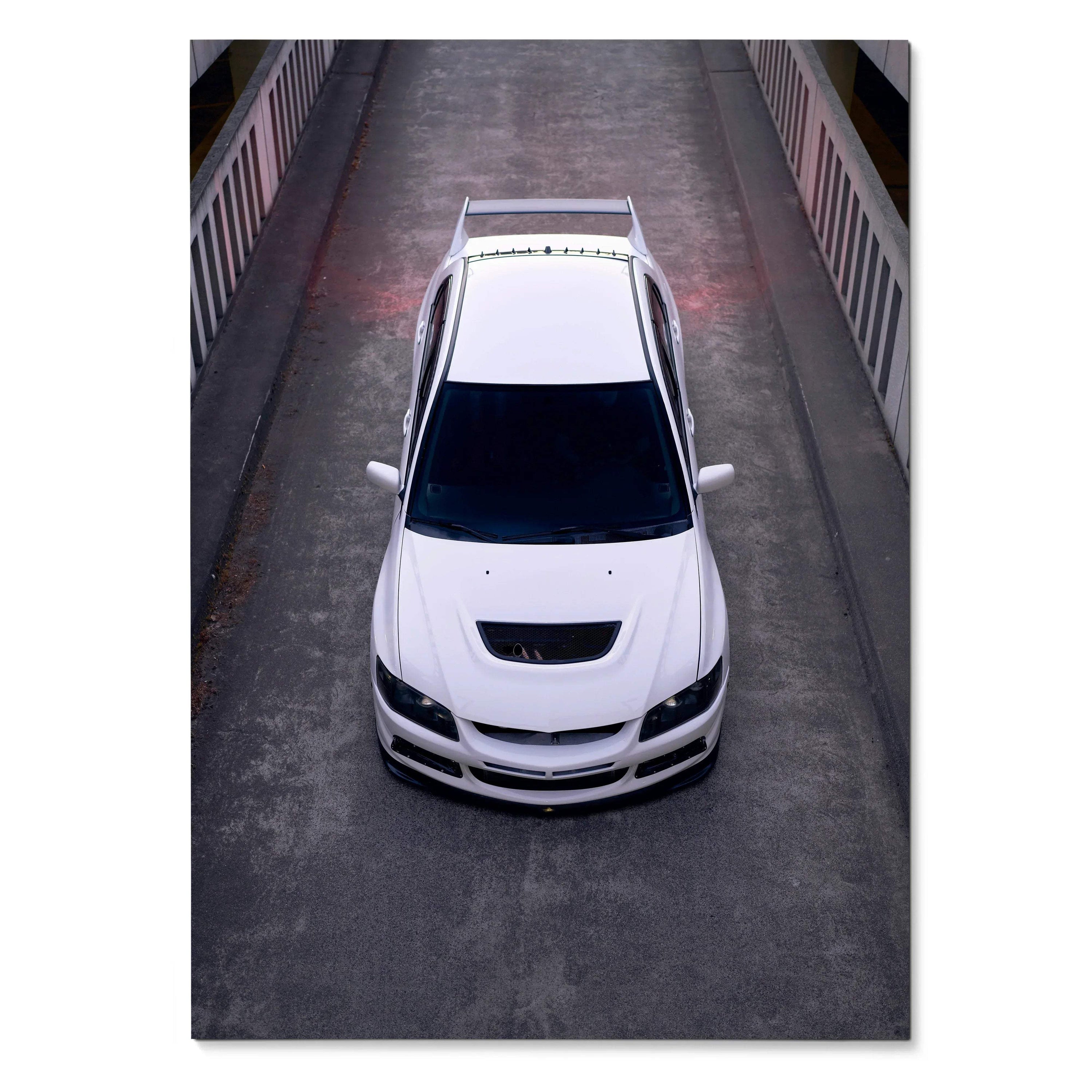 White Mitsubishi Evo 8 JDM car on concrete road, high-resolution poster wall art.