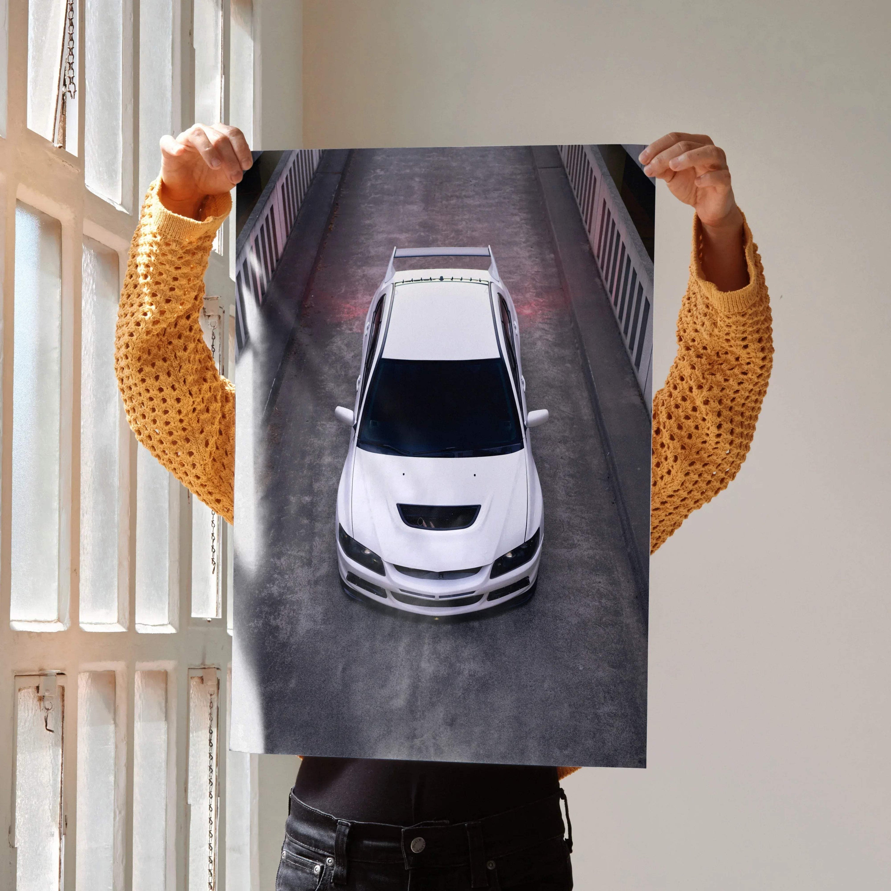 White Mitsubishi Evo 8 JDM car poster with top-down view, sleek design wall art.