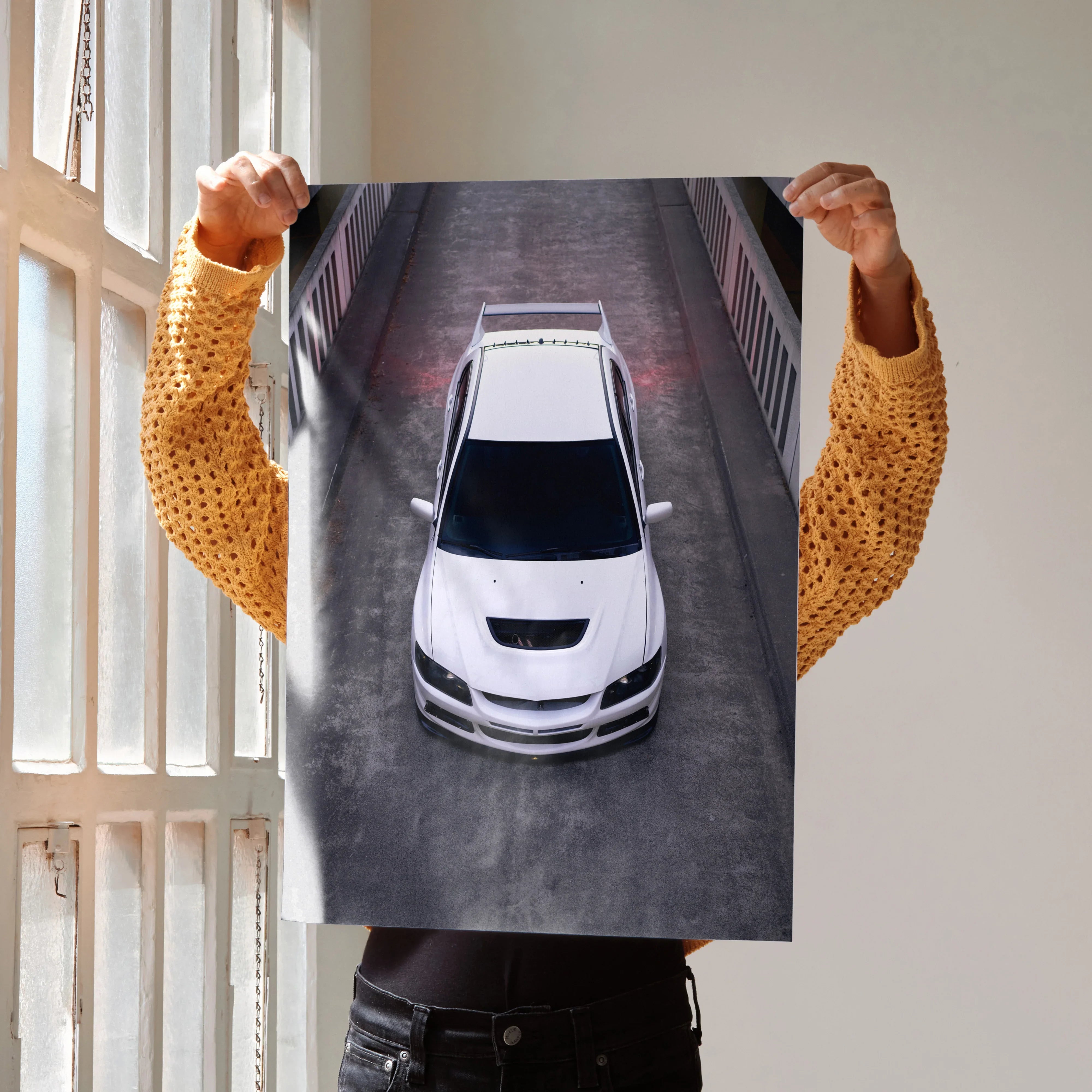 White Mitsubishi Evo 8 JDM car poster with top-down view, sleek design wall art.