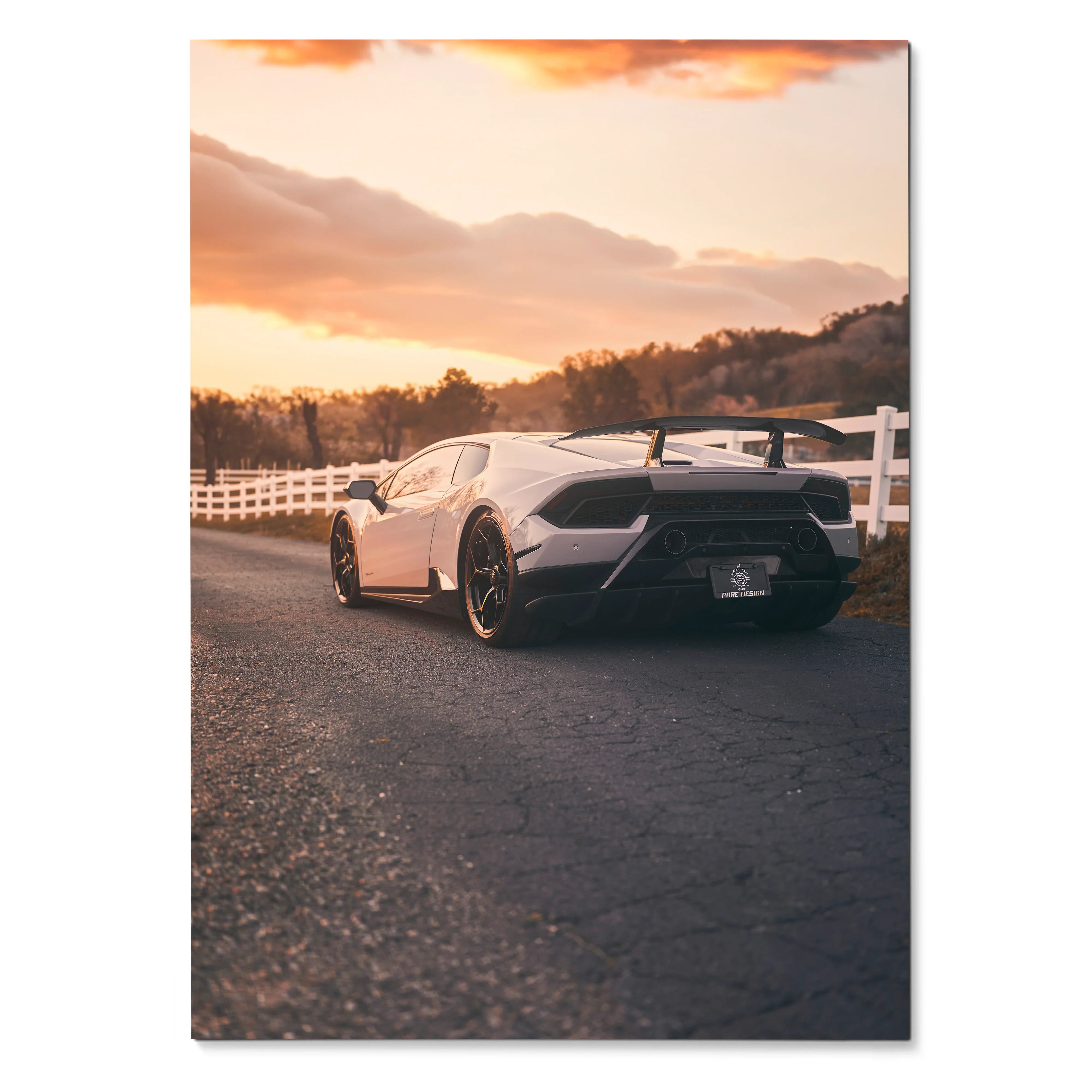 Lamborghini Huracan poster with white sports car on country road at sunset luxury wall art.