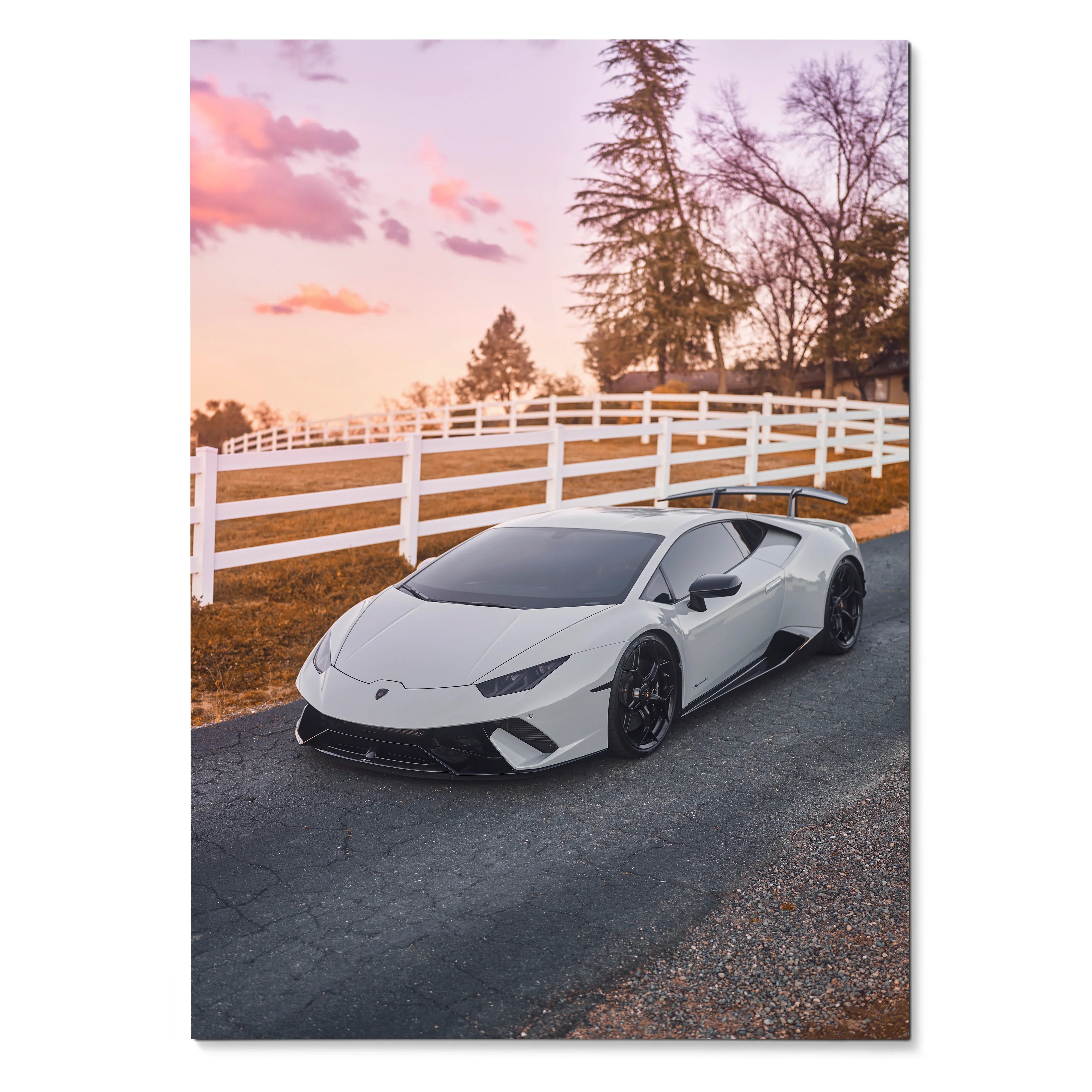 Lamborghini Huracan poster with white sports car on rural road at sunset, luxury wall art.
