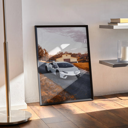 Lamborghini Huracan poster wall art in black frame on wooden floor with modern interior background.