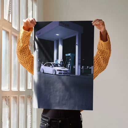 Mitsubishi Evo 8 parked at gas station at night, automotive poster wall art.