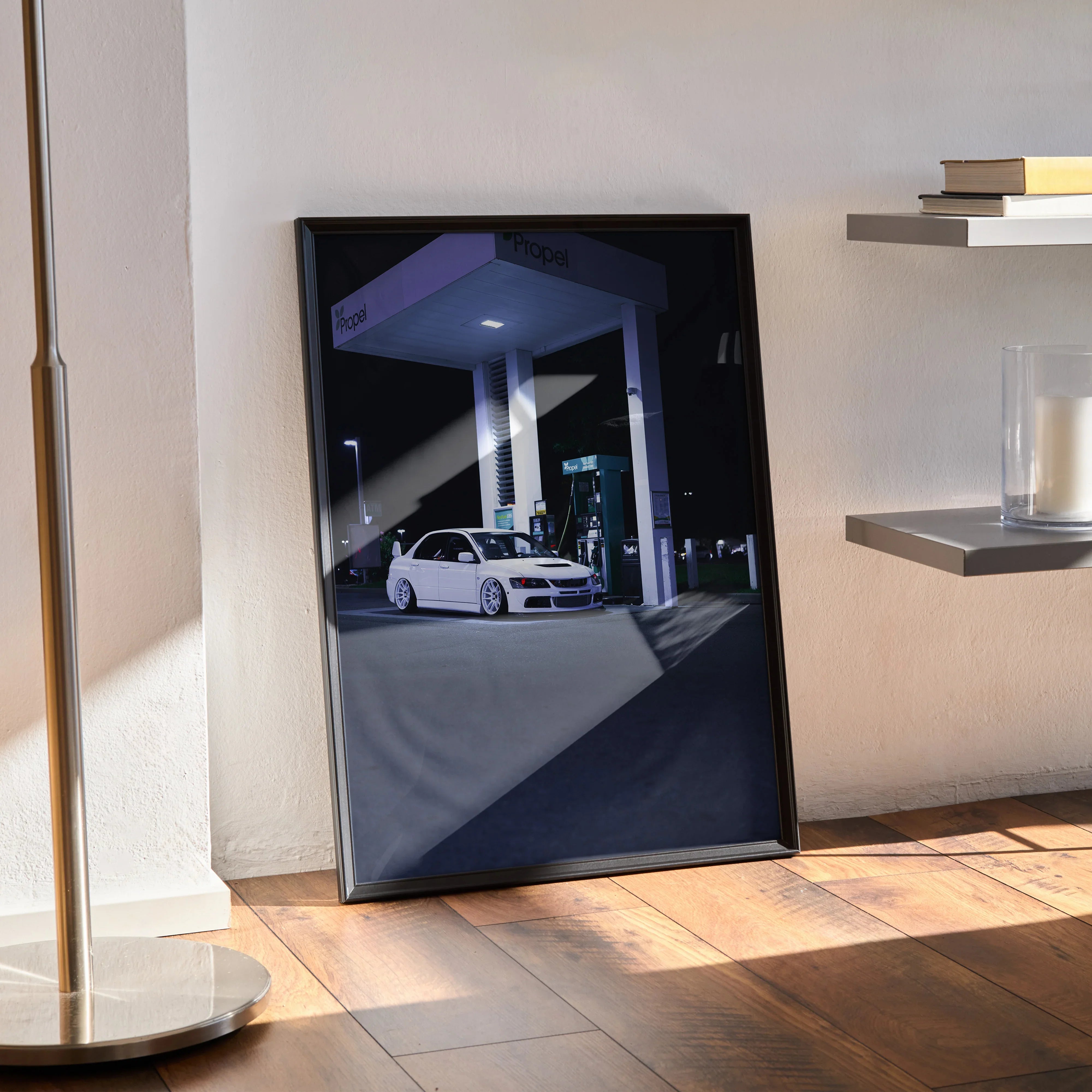 Mitsubishi Evo 8 poster wall art featuring white car at night under gas station lighting.