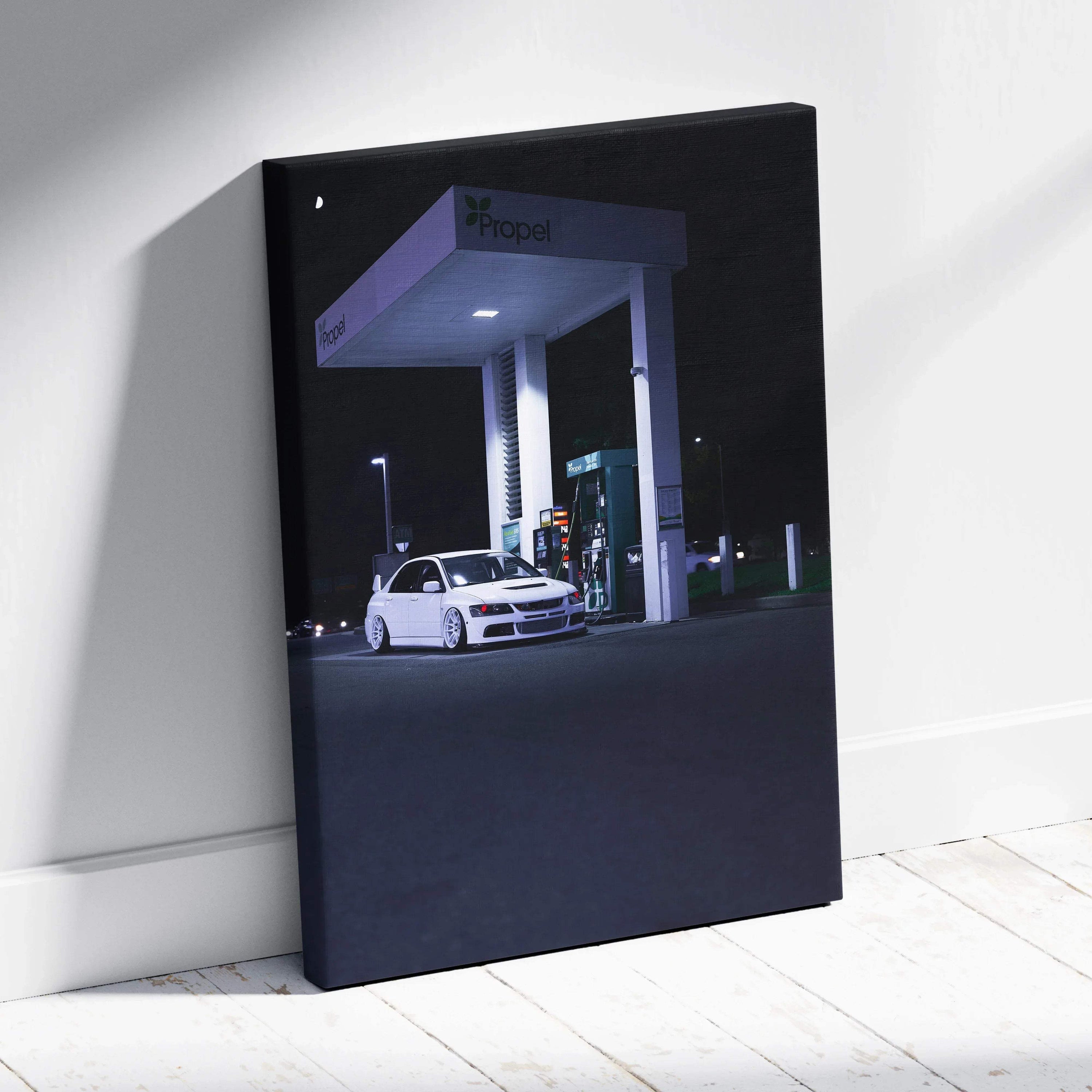 Mitsubishi Evo 8 canvas art showing white car parked at a gas station at night wall art.