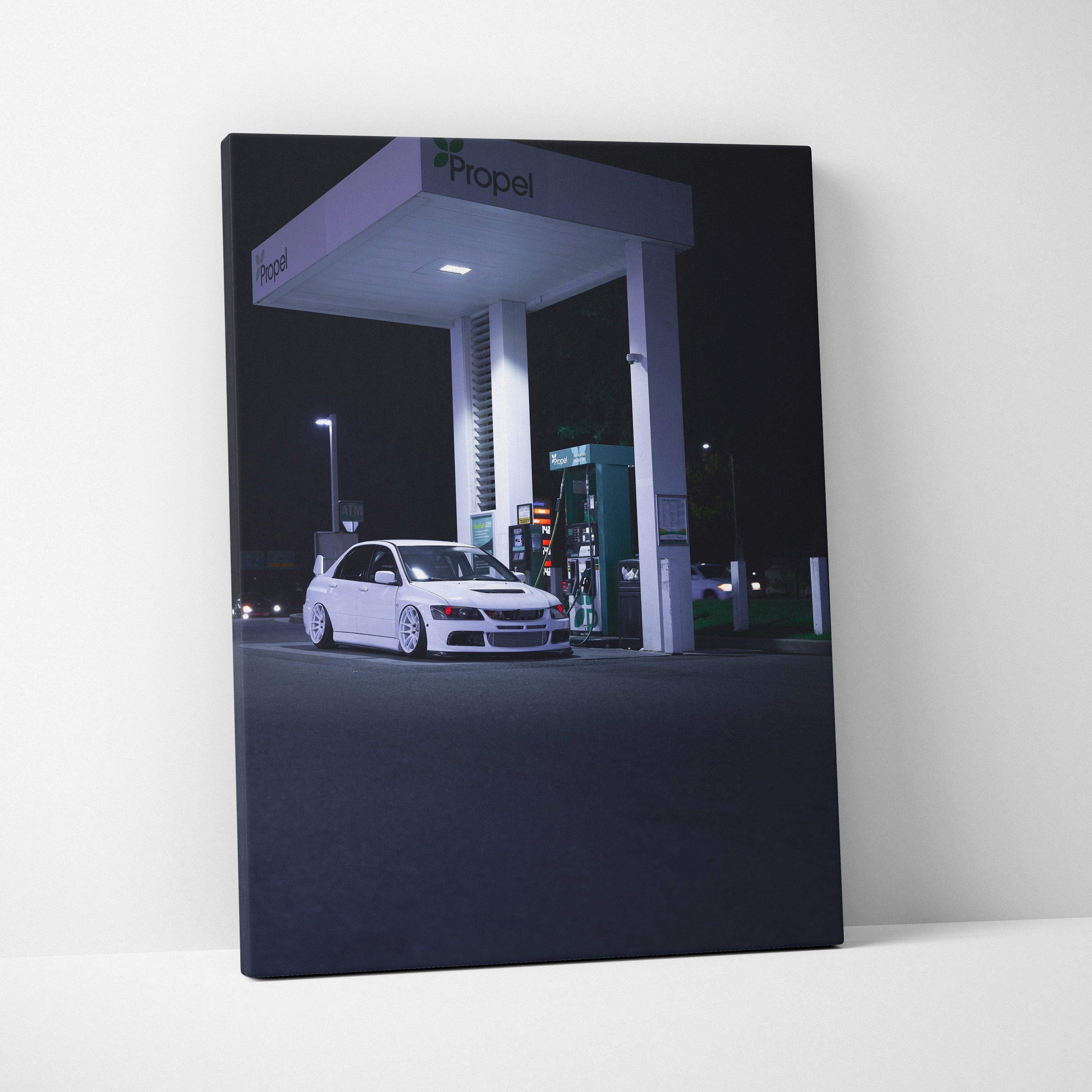 Mitsubishi Evo 8 night scene canvas art showing car at gas station, vertical wall art print.