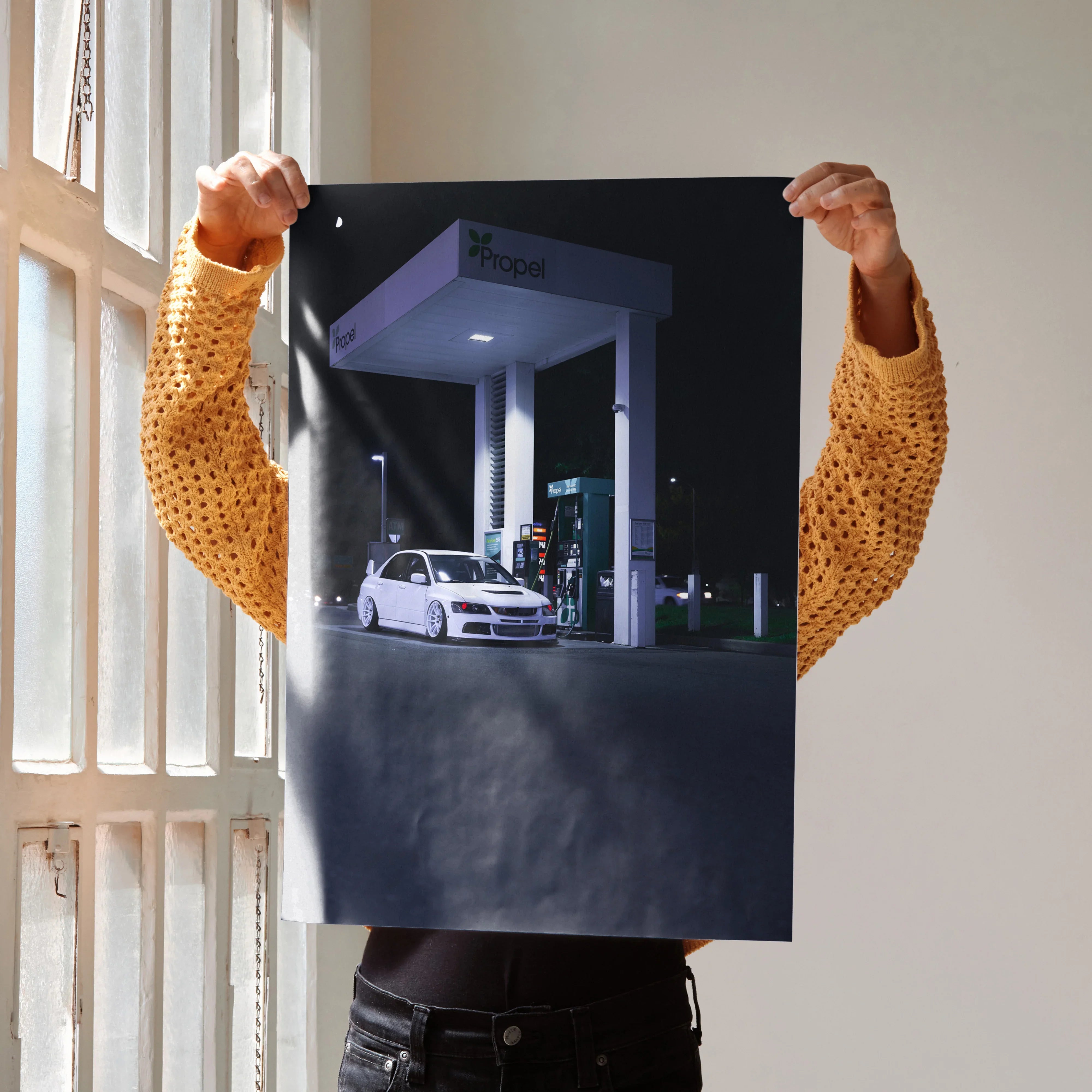 Mitsubishi Evo 8 white car at gas station night scene poster wall art print.