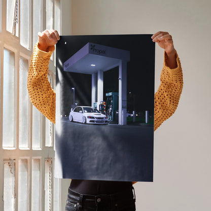 Mitsubishi Evo 8 white car at gas station night scene poster wall art print.