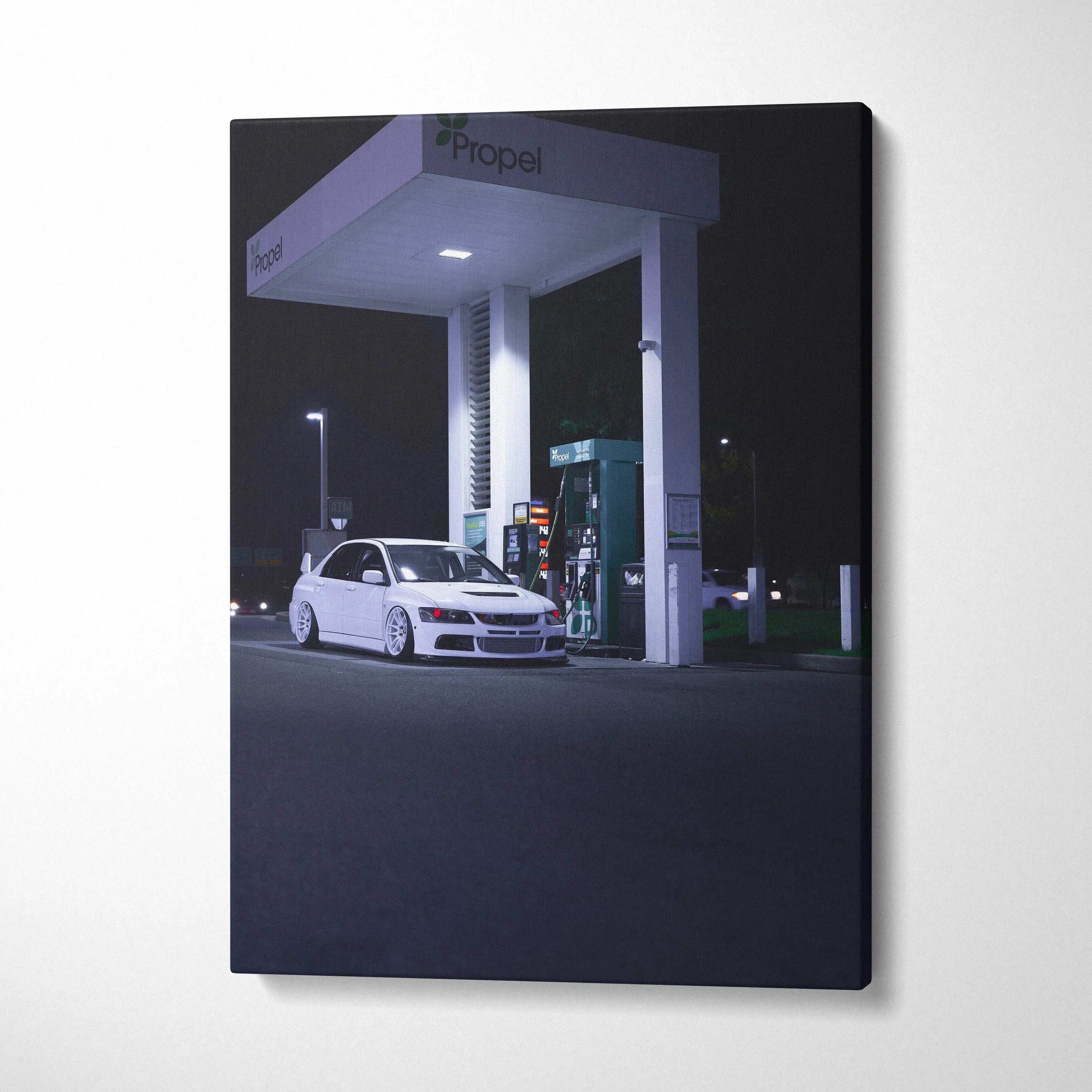 Mitsubishi Evo 8 parked under gas station canopy at night vertical canvas wall art.