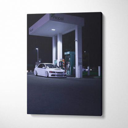 Mitsubishi Evo 8 parked under gas station canopy at night vertical canvas wall art.