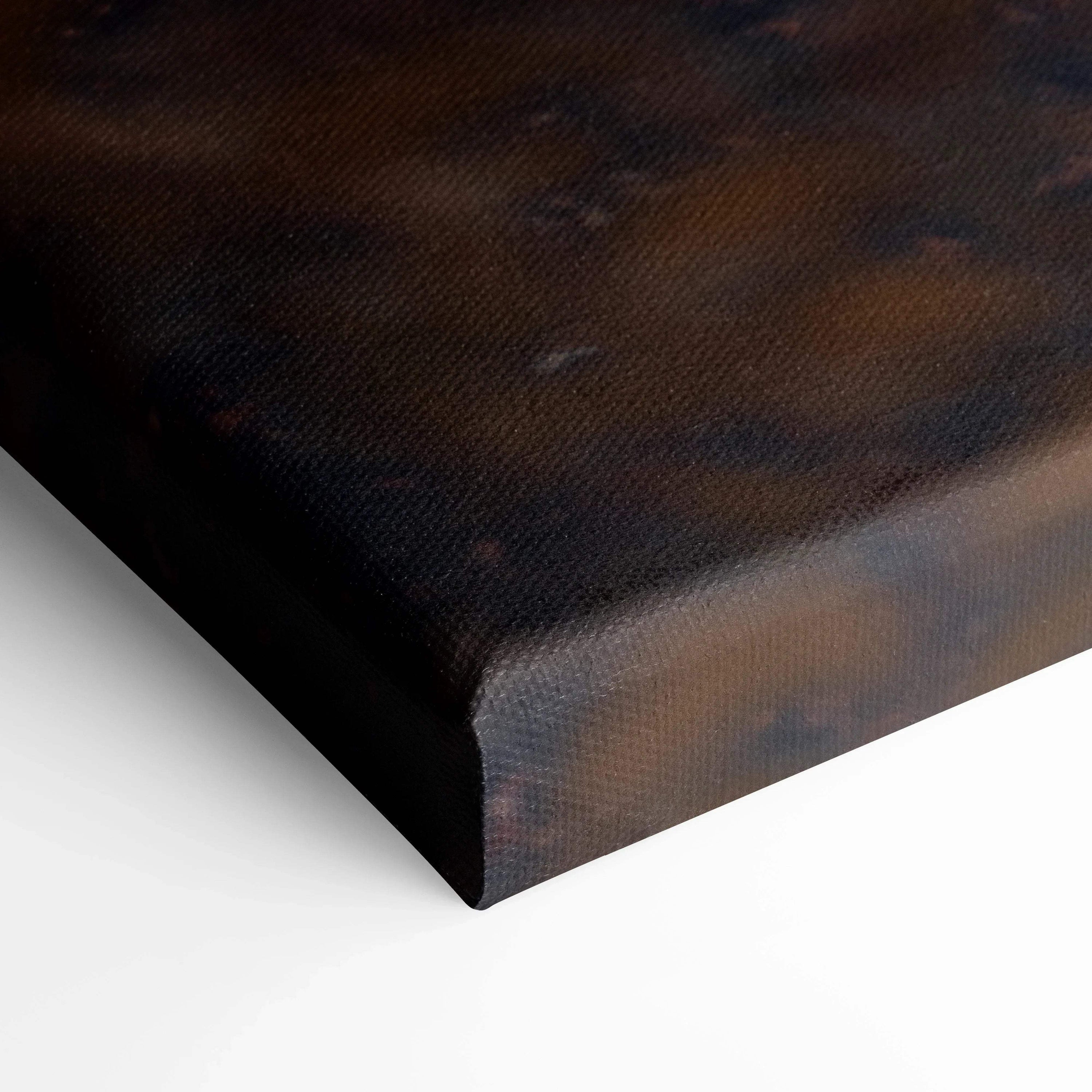 Close-up of dark sunset tones on Porsche GT4 vertical canvas wall art corner.
