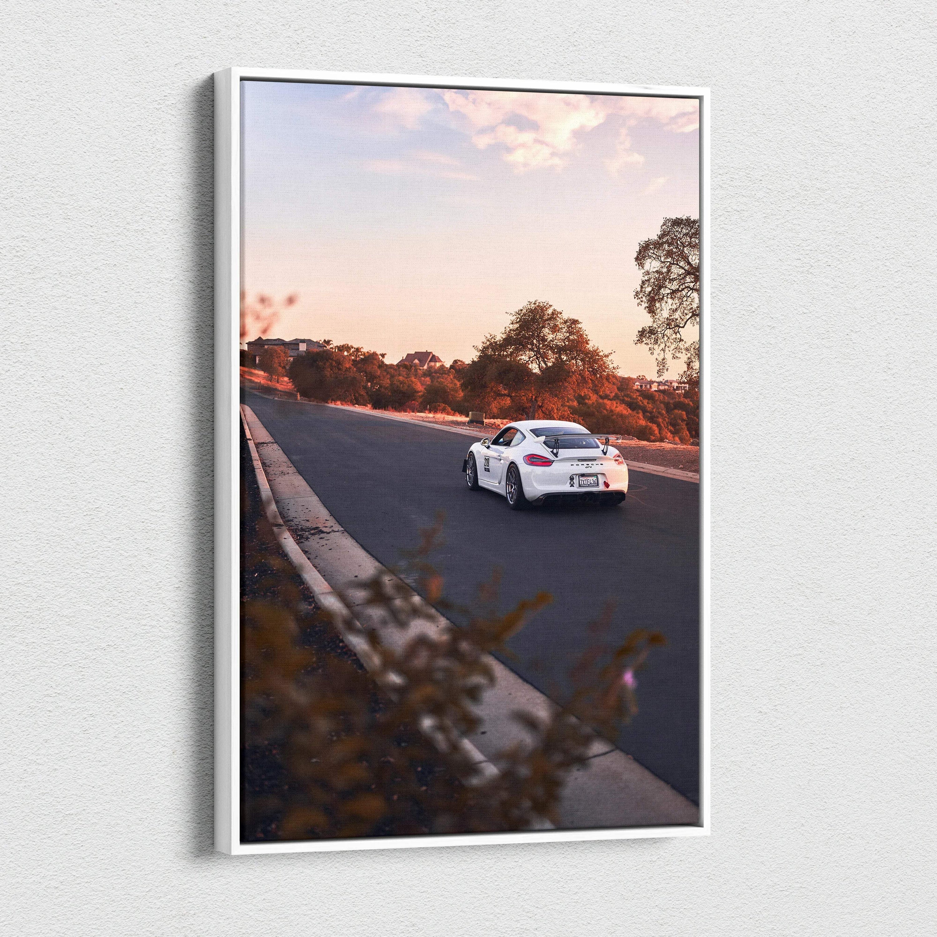 Porsche GT4 driving on sunset road vertical canvas wall art print.