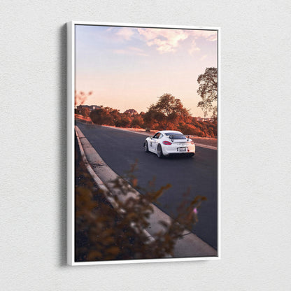 Porsche GT4 driving on sunset road vertical canvas wall art print.