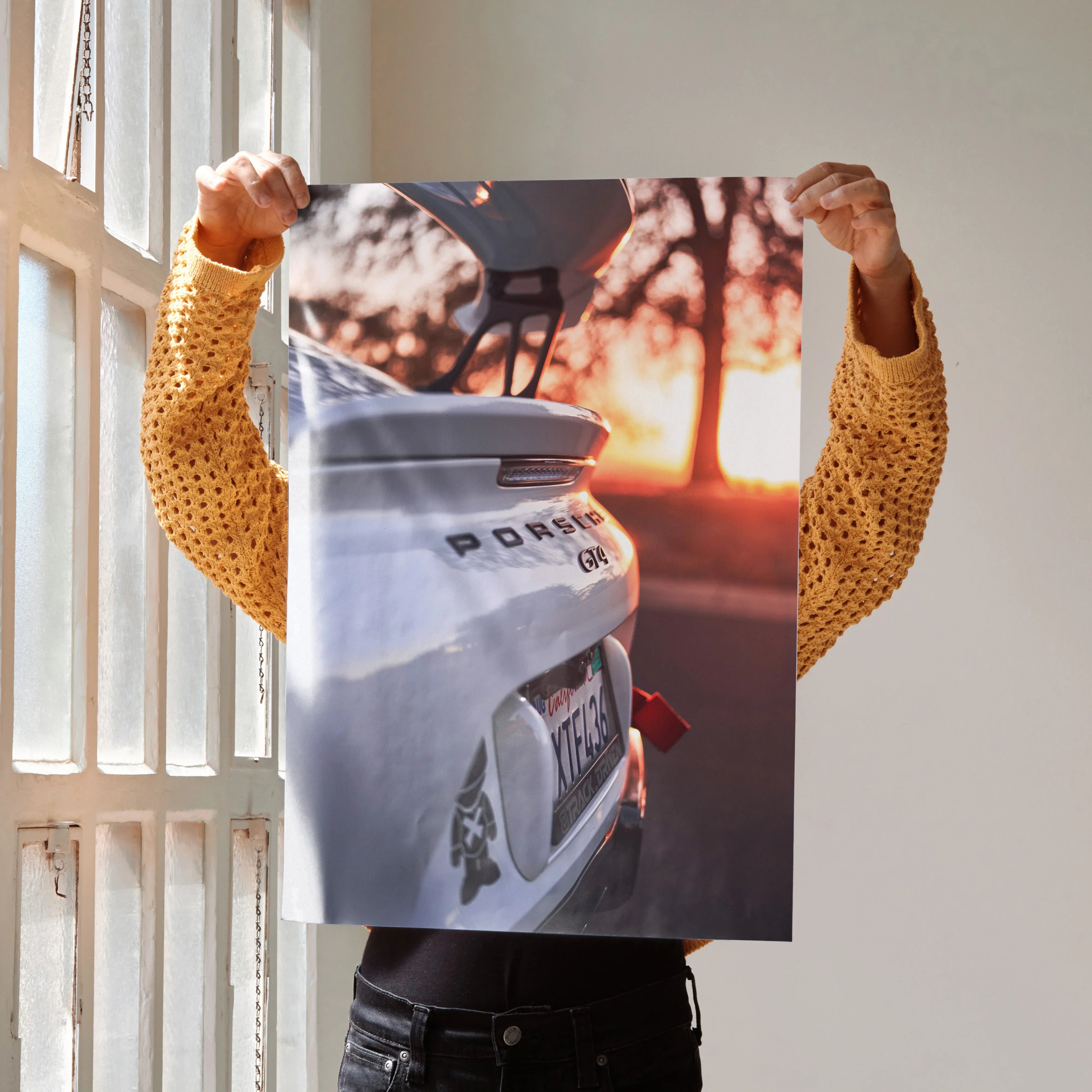 Porsche GT4 rear view close-up poster with sunset lighting, automotive wall art print.