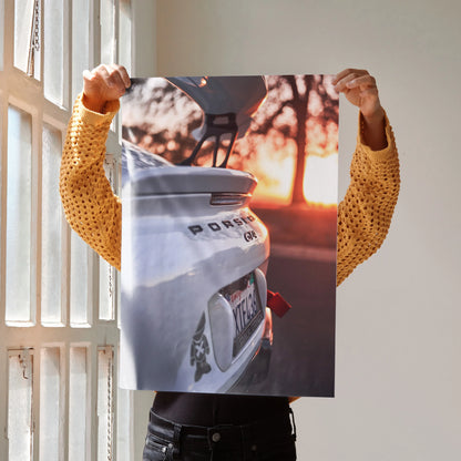 Porsche GT4 rear view close-up poster with sunset lighting, automotive wall art print.