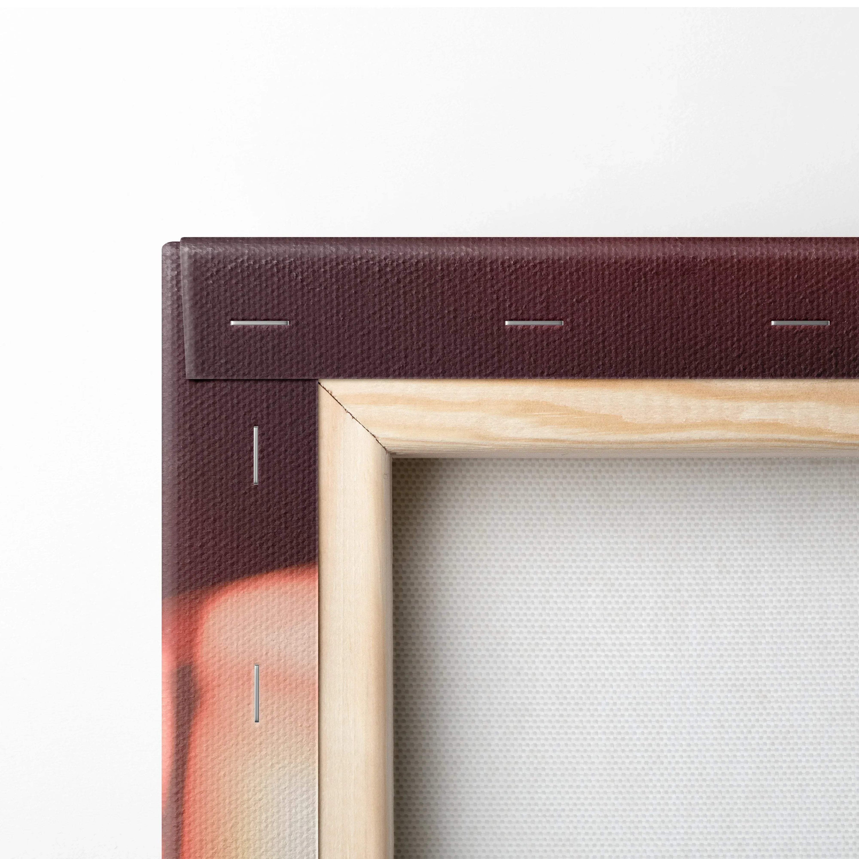 Close-up of wooden frame and stretched canvas with dark brown edge, showcasing high-quality canvas art wall art.