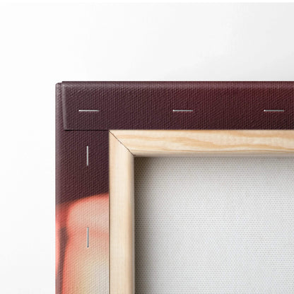 Close-up of wooden frame and stretched canvas with dark brown edge, showcasing high-quality canvas art wall art.