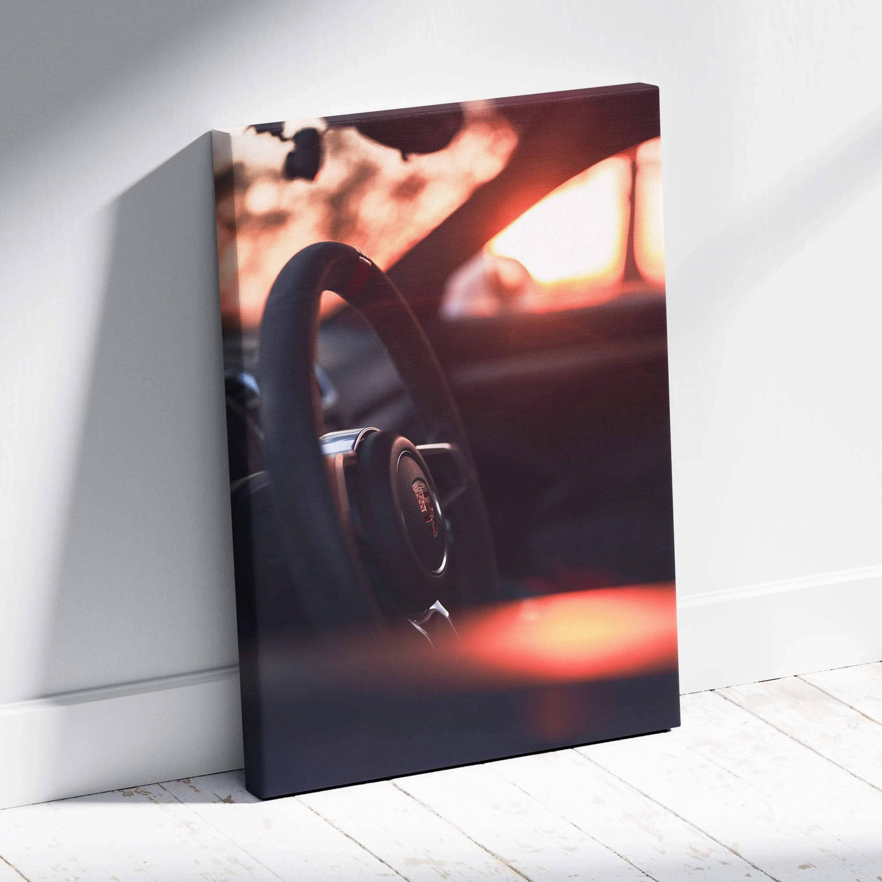 Porsche GT4 steering wheel close-up wall art canvas print with warm sunset tones.