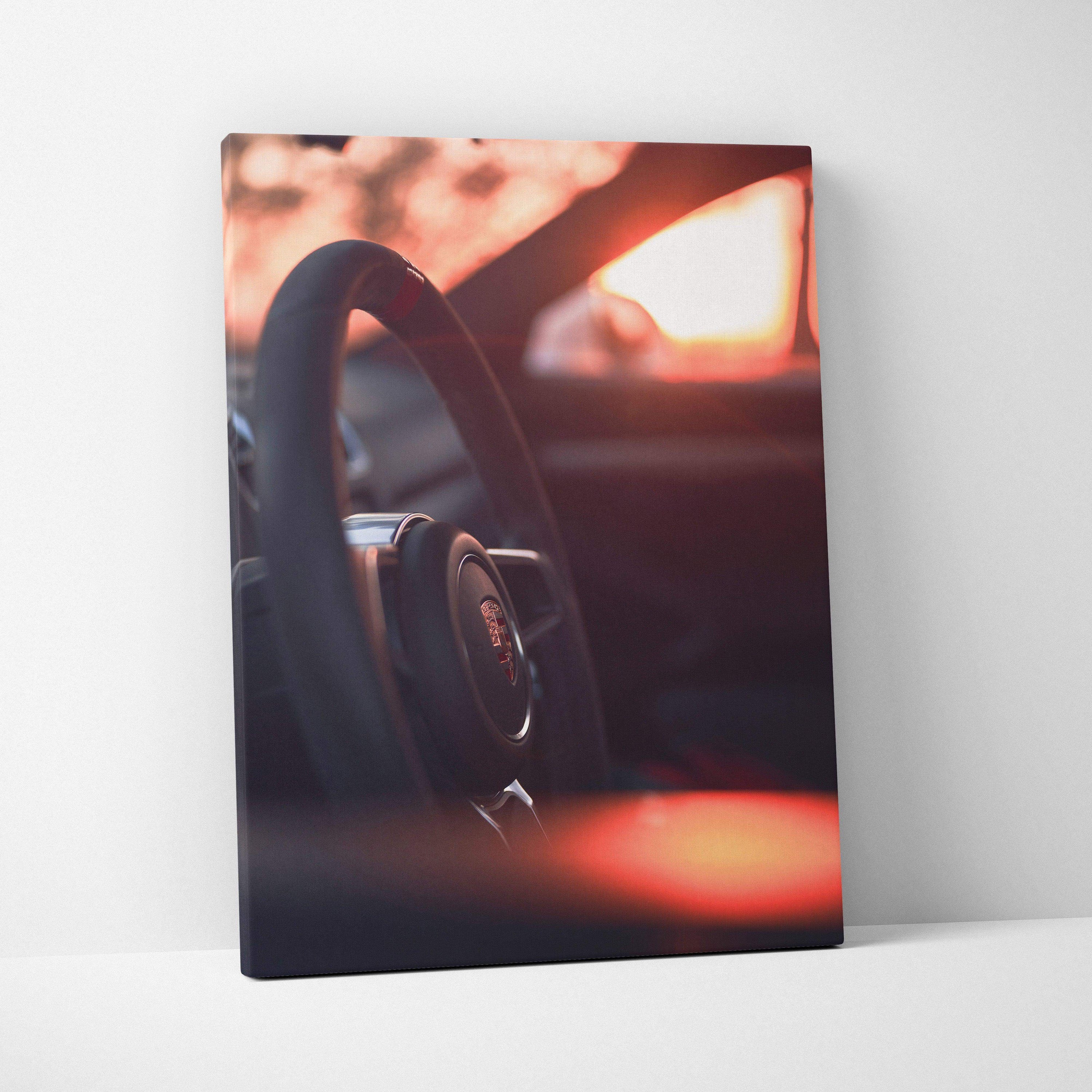 Porsche GT4 steering wheel close-up canvas wall art with warm sunset tones vertical canvas art.