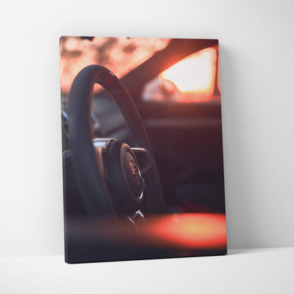 Porsche GT4 steering wheel close-up canvas wall art with warm sunset tones vertical canvas art.