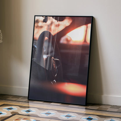 Porsche GT4 steering wheel close-up poster with warm lighting, modern wall art in black frame.