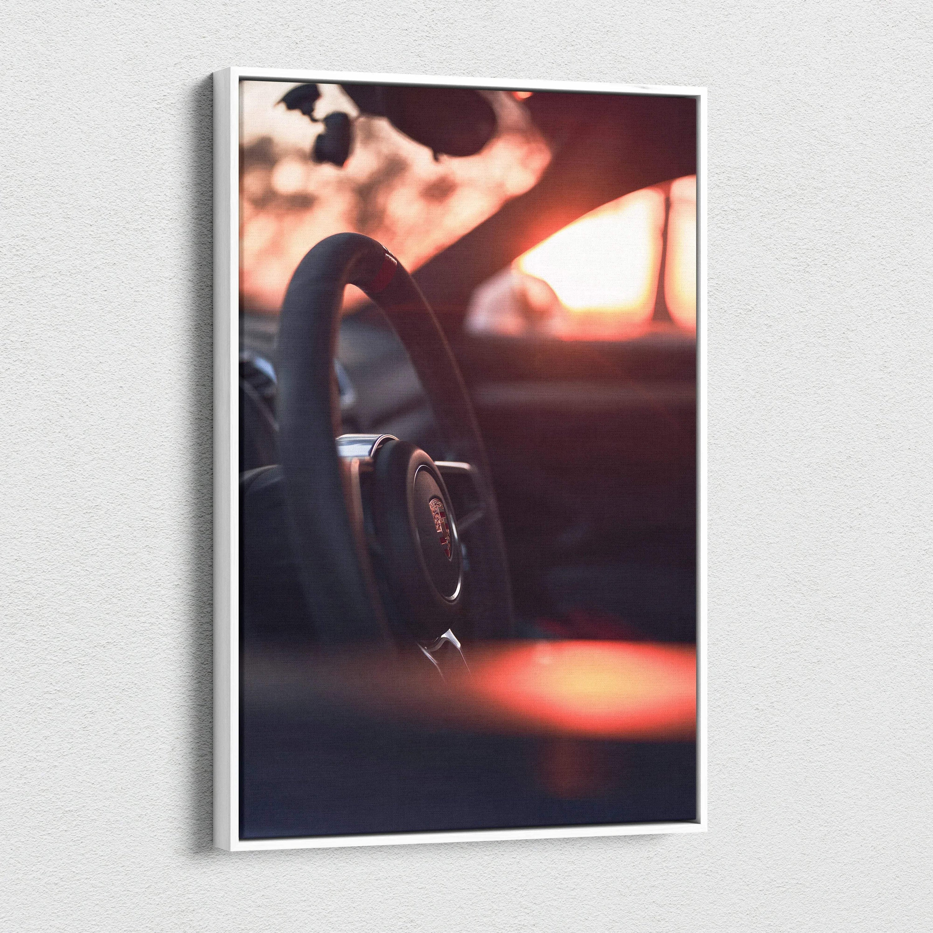Vertical canvas art of Porsche GT4 steering wheel with warm sunset glow, museum-quality wall art canvas.