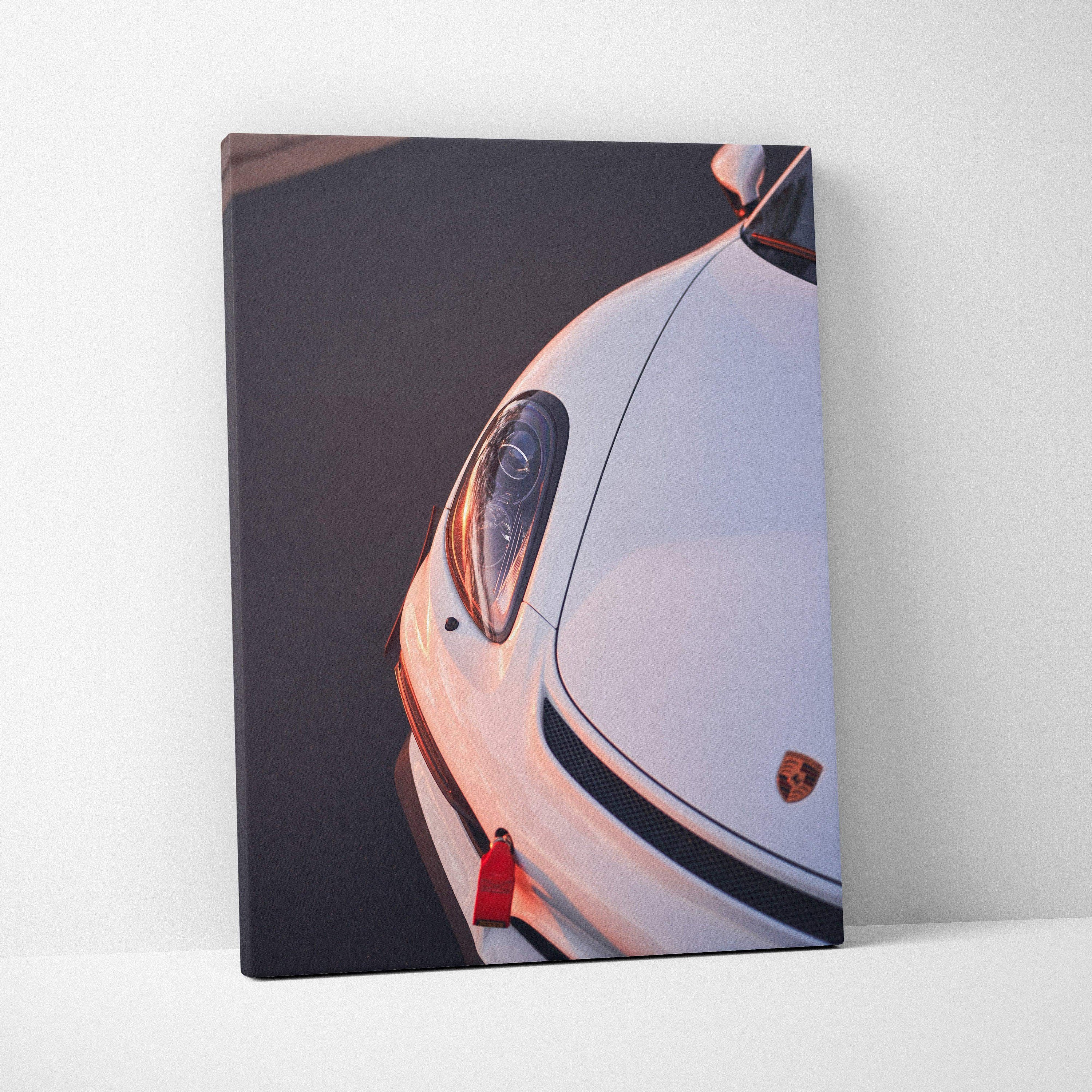 Porsche GT4 close-up on white car hood canvas art vertical wall art museum quality.