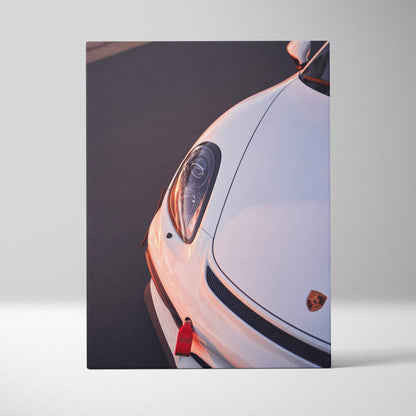 White Porsche GT4 close-up canvas art with soft lighting, vertical wall art print.
