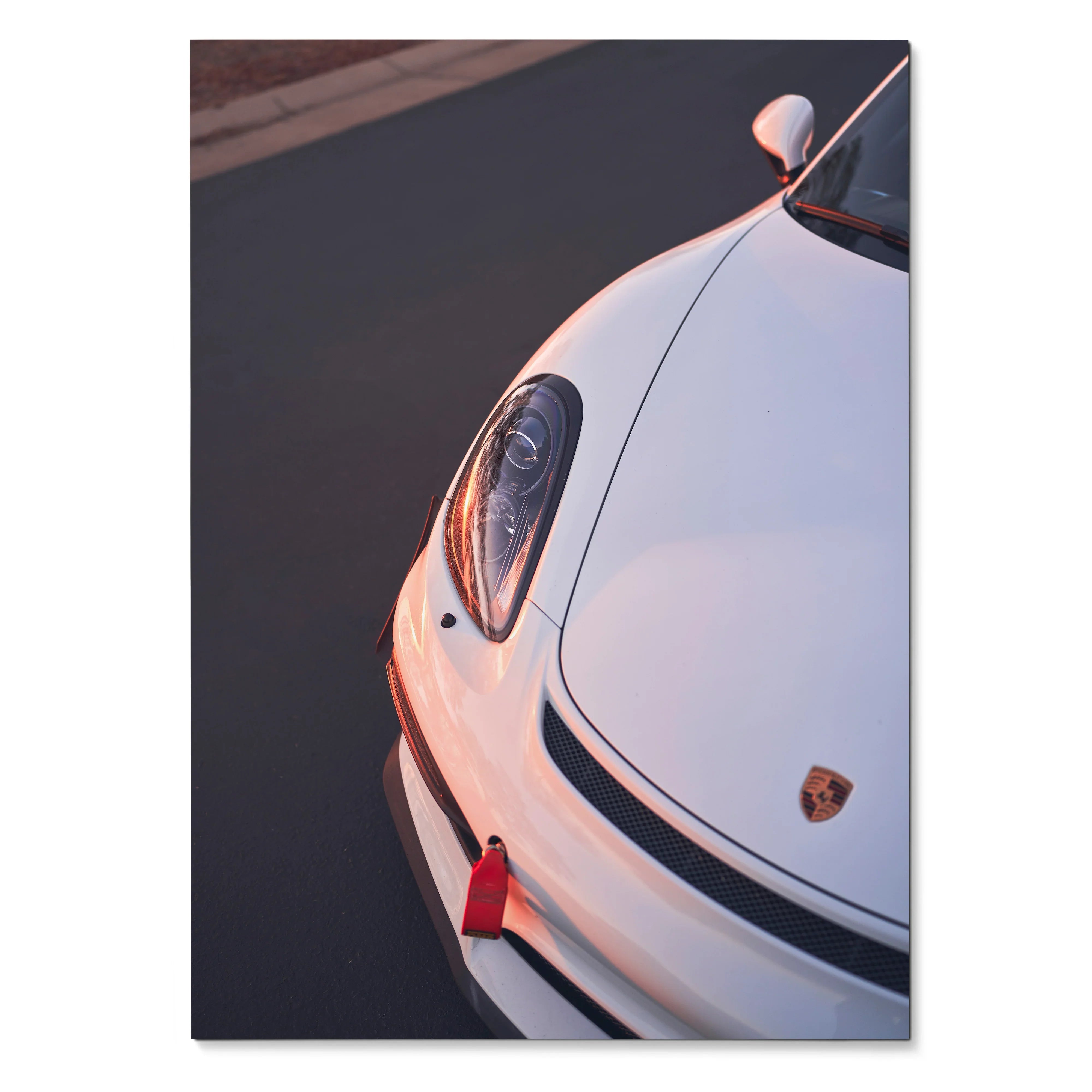 White Porsche Cayman GT4 front close-up poster wall art with sleek headlight and badge detail.