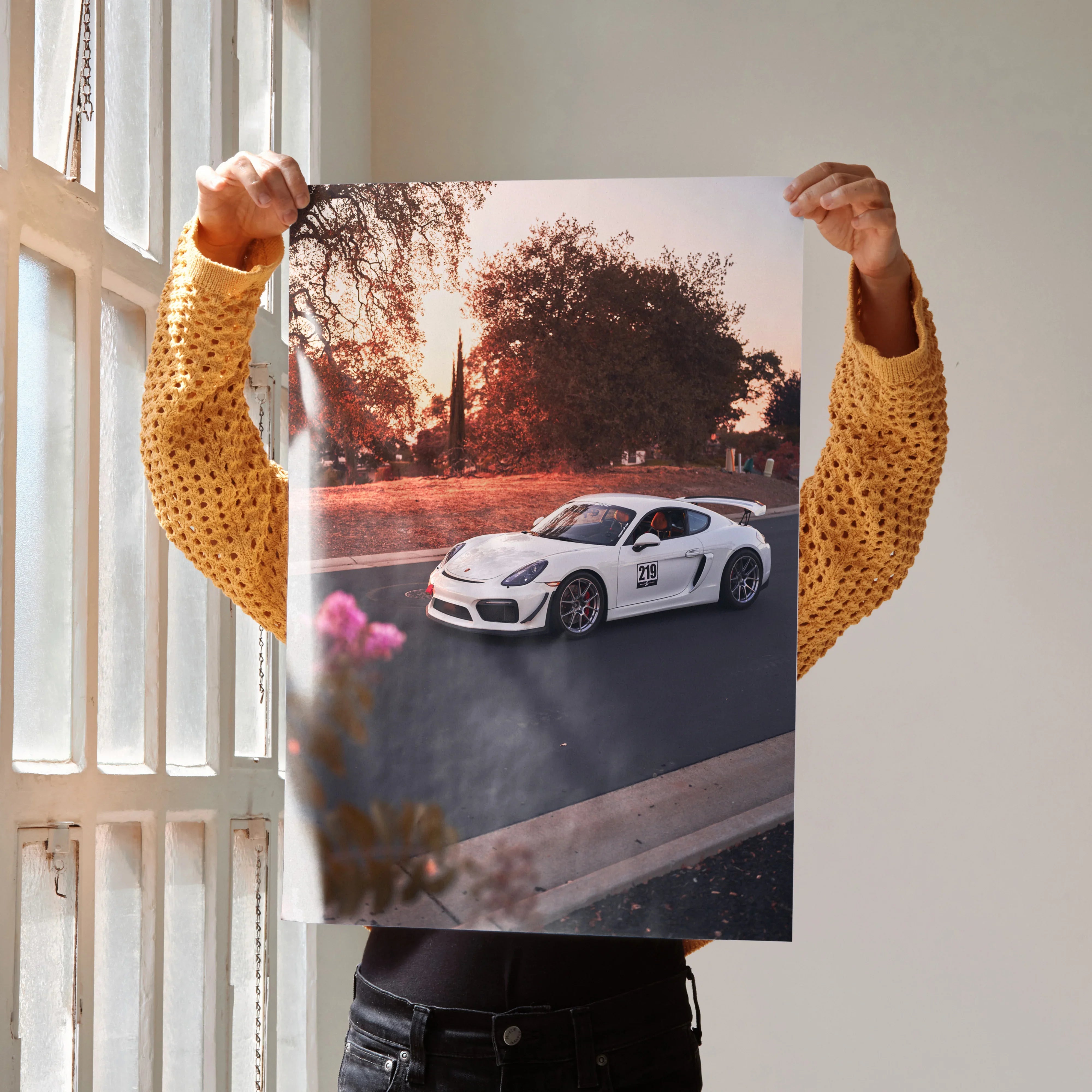 Porsche Cayman GT4 racing car at sunset on high-resolution poster wall art.