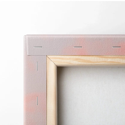 Close-up of wooden frame corner with stretched white canvas for vertical wall art canvas print.