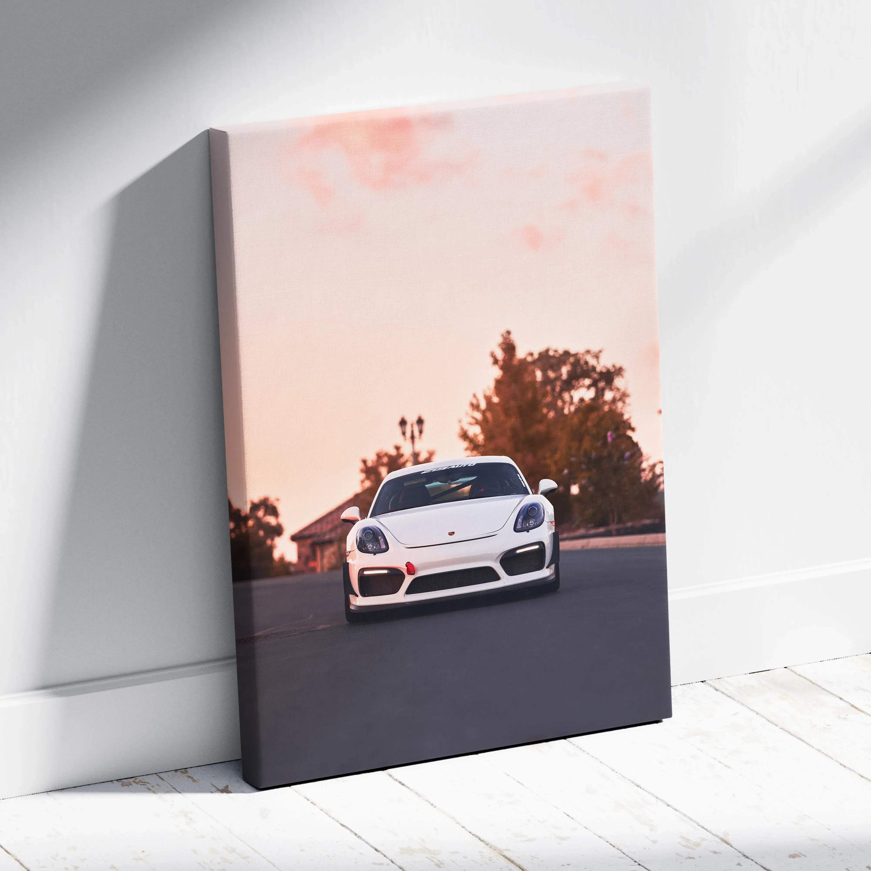 White Porsche GT4 on road at sunset canvas wall art with soft pink sky, vertical canvas art.